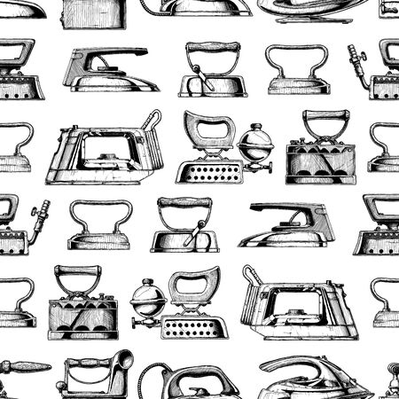 Seamless pattern with different clothes iron. Vector illustration in vintage engraved style.のイラスト素材