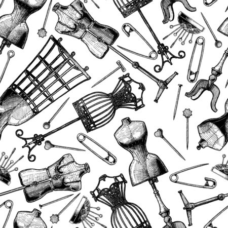 Seamless black-and-white pattern with frame mannequin, fashion dummy and different sewing pins. Vector illustration in vintage engraved style on white background.のイラスト素材