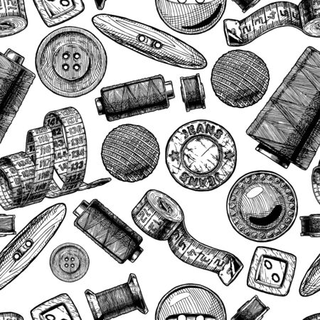 Seamless pattern with different tailors objects. Vector illustration in vintage engraved style.のイラスト素材