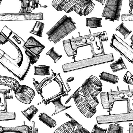 Seamless black-and-white pattern with sewing machine. Vector illustration in vintage engraved style on white background.のイラスト素材