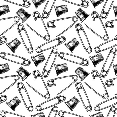 Seamless black-and-white pattern with thimble and safety pin. Vector illustration in vintage engraved style on white background.のイラスト素材