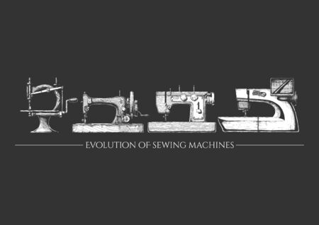 Vector hand drawn illustration of the sewing machine evolution set. From 19th century vintage sewing machines to a modern computerized. isolated on black background. Side view.のイラスト素材