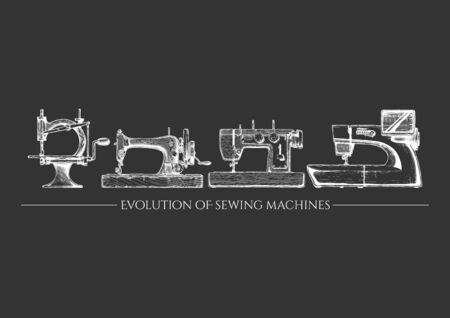 Vector hand drawn illustration of the sewing machine evolution set. From 19th century vintage sewing machines to a modern computerized. isolated on black background. Side view.のイラスト素材