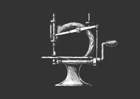 Vector hand drawn illustration of the vintage sewing machine. isolated on black background. Side view.のイラスト素材