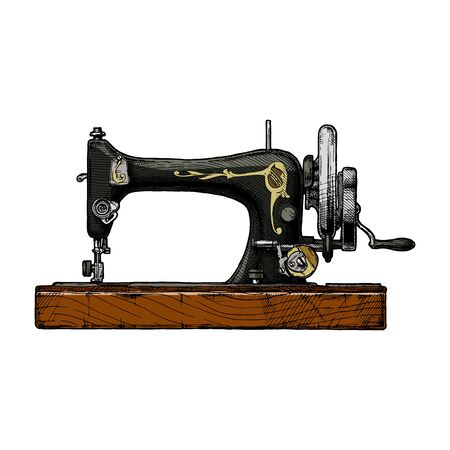 Vector hand drawn illustration of the vintage sewing machine. isolated on white background. Side view.のイラスト素材