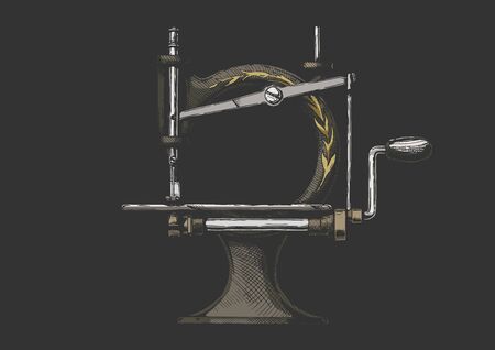 Vector hand drawn illustration of the vintage sewing machine. isolated on black background. Side view.のイラスト素材