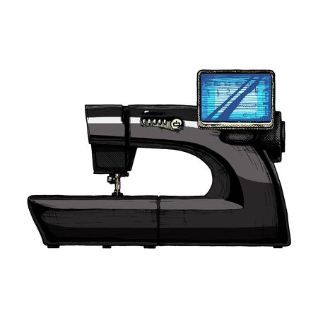 Vector hand drawn illustration of the modern computerized sewing machine. isolated on white background. Side view.のイラスト素材