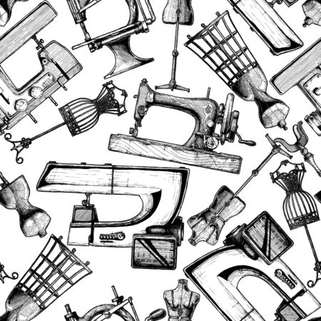 Seamless black-and-white pattern with sewing machine. Vector illustration in vintage engraved style on white background.のイラスト素材
