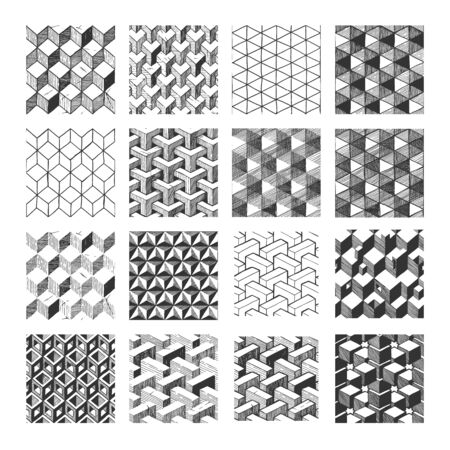 Set of 16 hand drawn monochrome geometrical patterns with optical illusion. Seamlessly tiling.のイラスト素材