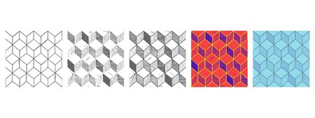 Vector hand drawn illustration set of rhombille tiling. Seamless pattern.のイラスト素材