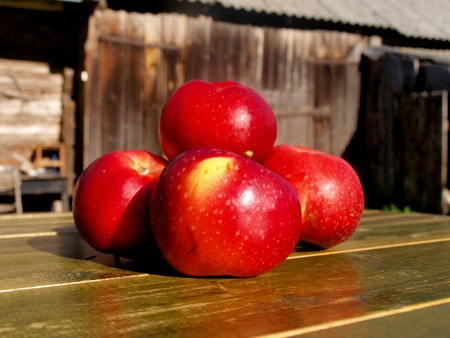 Red juicy apples on a green tableの写真素材