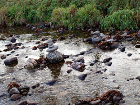 a stream flows with clear water and stonesの写真素材