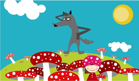 Girl among mushroom and gray wolf のイラスト素材