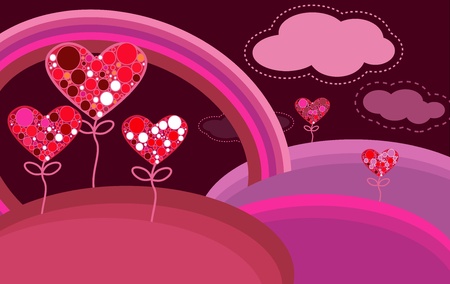 Beautiful abstract landscape with hearts trees and rainbowのイラスト素材