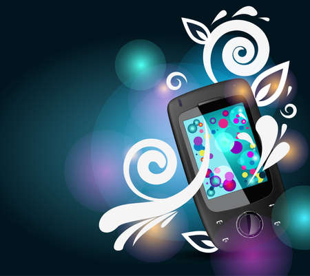 Realistic mobile phone with bright bubbles and floral patternのイラスト素材