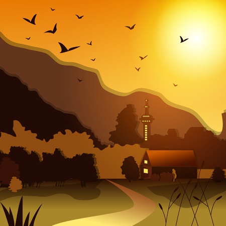 Vector illustration with rural landscape at sunsetのイラスト素材