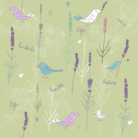 Seamless texture with plants and birdsのイラスト素材