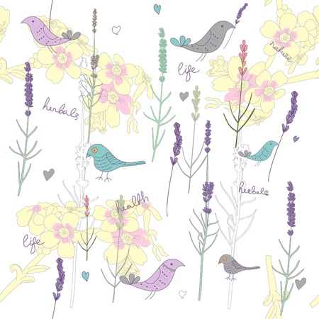 Seamless vector texture with plants and birdsのイラスト素材