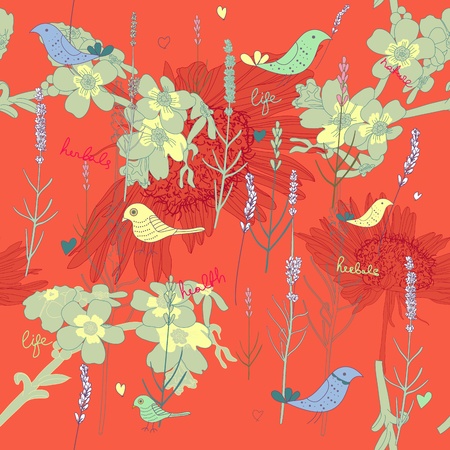 Seamless vector texture with plants and birdsのイラスト素材