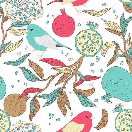 Seamless vector pattern with drawing birds and fruitsのイラスト素材