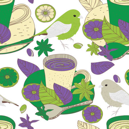Seamless background with drawing tea cups and birdsのイラスト素材