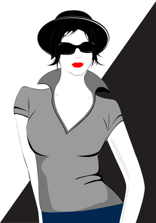 Fashion woman model with a black hat and sunglasses - vector illustration. Portrait of young girl. Pose.のイラスト素材