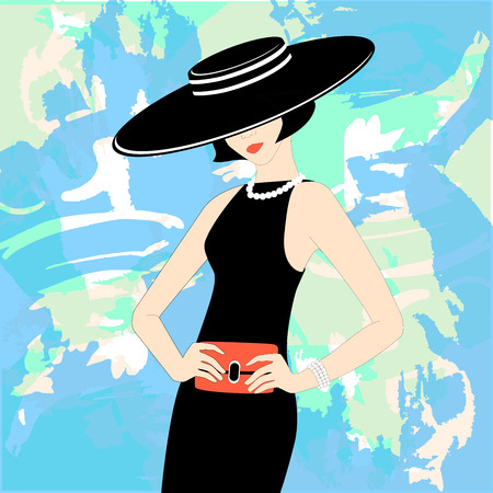 Fashion woman model with a hat and retro dress on a colorful background - vector illustration. Pose.のイラスト素材