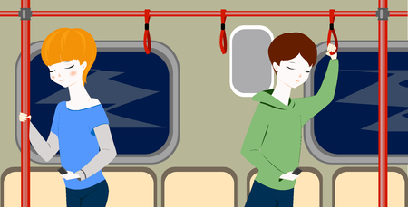 People in metro. Boy and girl. Teenagers in train. Situation. Cartoon characters flat style vector illustration.Children inside a subway train. People metro transportation concept.のイラスト素材