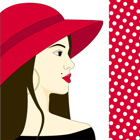 Beautiful fashion woman model with red hat and long hair - vector illustration. Female portrait. Fashion illustration.のイラスト素材