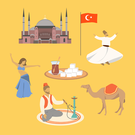 Cartoon of Turkey symbols and objects set vector illustration: Saint Sophie Cathedral, belly dancer, turkish tea, turkish delight, camel, dancing dervish, man smokes a hookah while sitting in turkish.のイラスト素材