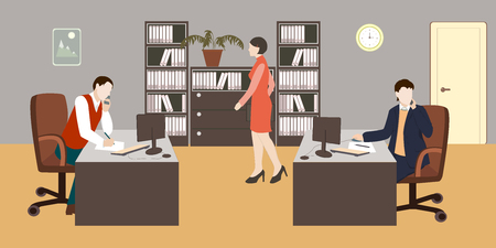 People in room. Office life. Flat style vector illustration. Situation in office. Workplace. Meeting. Men and woman in the room. Office interior.のイラスト素材