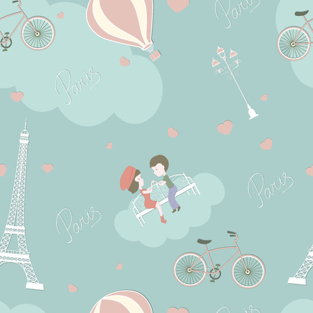 Lovers in Paris seamless pattern. Boy and girl sitting on a bench near Eiffel tower background for design. Romantic encounter. Cartoon character.のイラスト素材