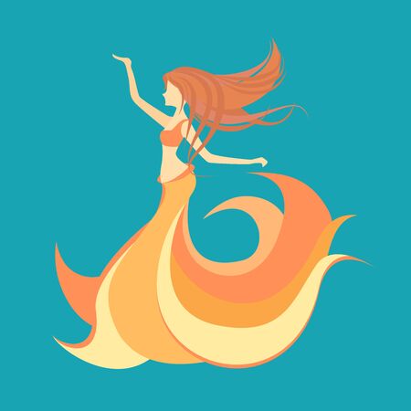 Beautiful girl in colorful suit dancing belly dance. Oriental dancing. Abstract illustration of a long haired woman dancing.のイラスト素材