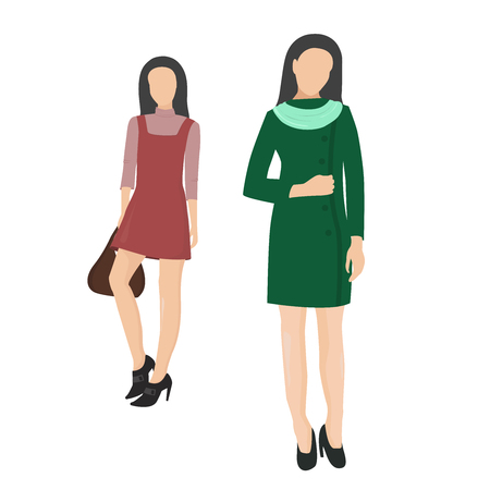 Two girls. Women's fashion style. Girl with bag. Woman. People. Situation.のイラスト素材