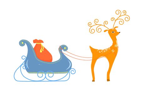 Deer driven sleigh with gifts. Cartoon deer vector illustration. Pretty little deer isolated on white background.のイラスト素材