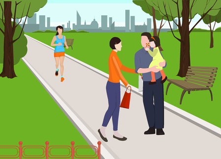 People in park vector illustration. Family walking in park. Mother, father and baby walking together. Running woman. Morning jogging.のイラスト素材