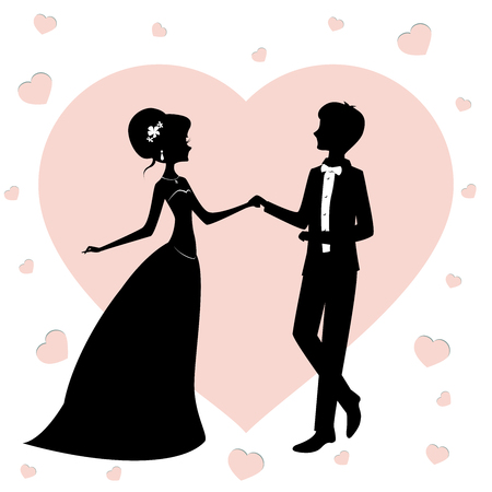 Bride and groom silhouette vector illustration. Newlyweds against the background of hearts.のイラスト素材