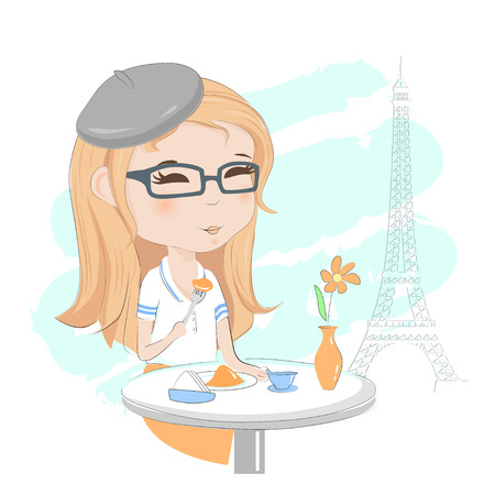 Pretty girl having breakfast in a street cafe in Paris hand drawing vector illustration.のイラスト素材