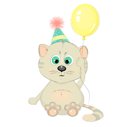 Cute cat with a balloon cartoon character vector illustration. Pretty kitten.のイラスト素材