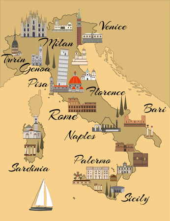 Italy travel map with sights flat style illustration. Popular buildings for tourists. Imitation of an old map with indication of large cities. Italian map.のイラスト素材