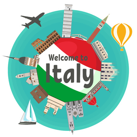 Italian famous landmarks around the flag of country with text "Welcome to Italy". Italian attraction. Travel and tourism.のイラスト素材