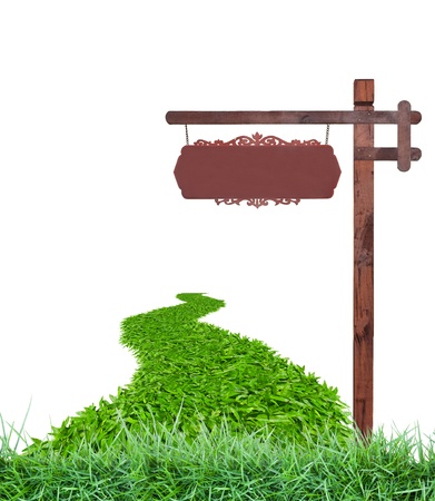 Wooden sign with grassの写真素材