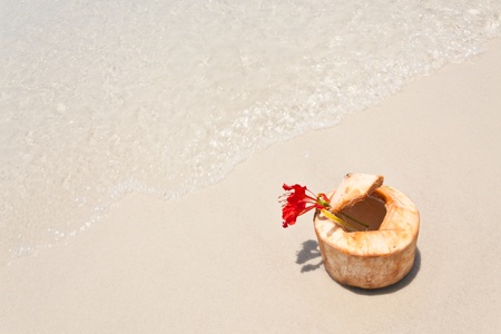 coconut on white sand and beautiful waveの写真素材