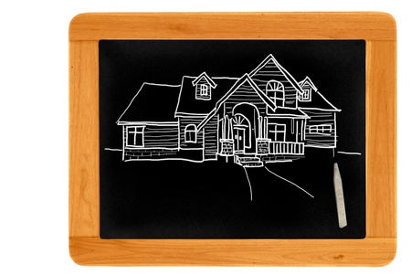 Black board Wooden frame  with  beautiful houseの写真素材