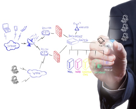 businessman drawing a security plan for a firewall systemの写真素材