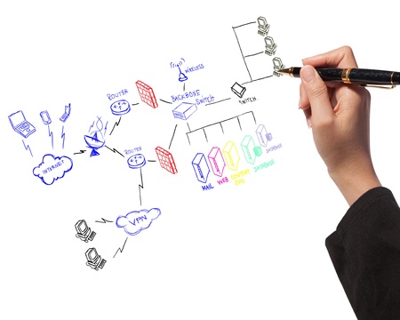 business woman drawing  a security plan for a firewall systemの写真素材