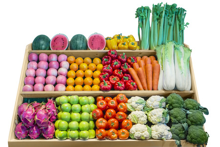 colorful fruits and vegetable on shelfの写真素材