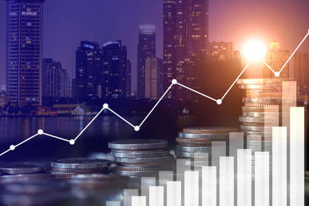 Double exposure of city and rows of coins for money, finance and business concept of teamwork and...