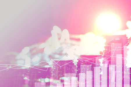 Double exposure of city and rows of coins for money, finance and business concept of teamwork and...