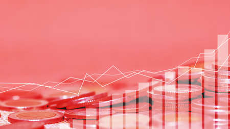 Double exposure of city and rows of coins for money, finance and business concept of teamwork and...